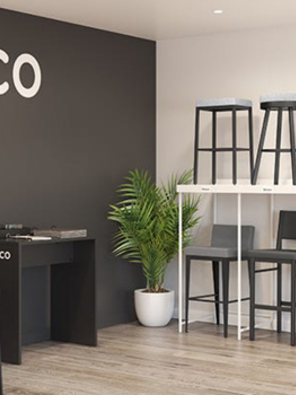 Salle d’exposition Amisco avec table, tabourets et présentoir de chaises modernes