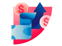 Un dollar en papier, des sous et une flèche de croissance